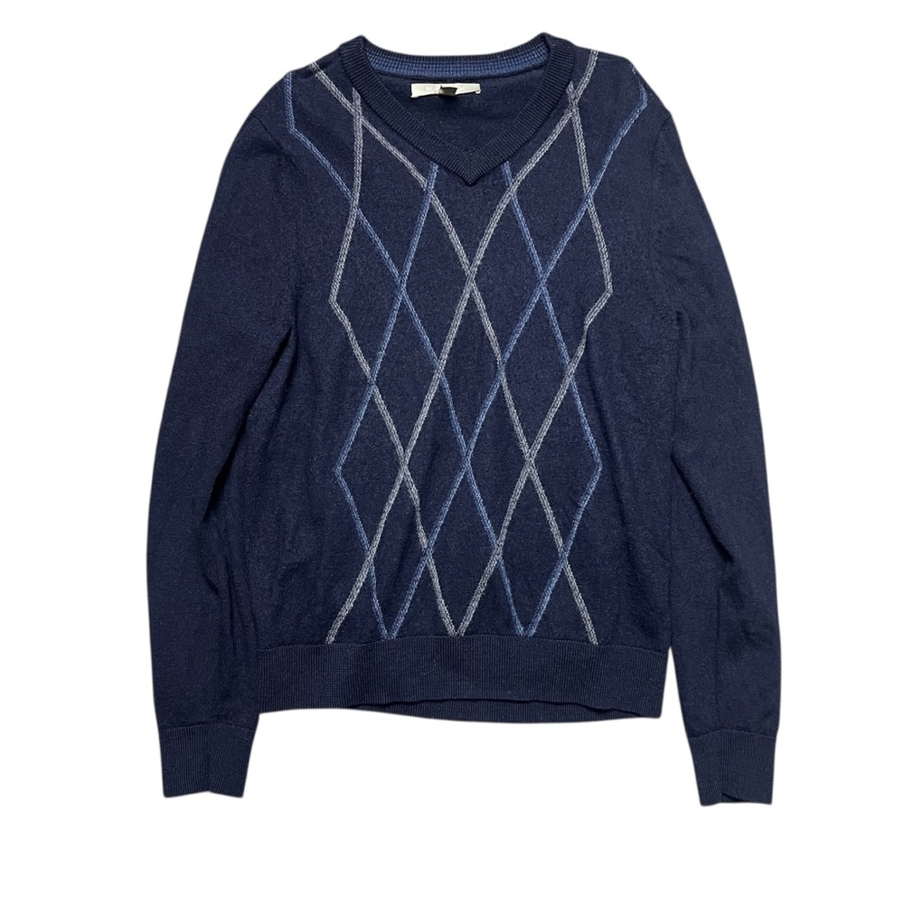 Nordstrom Argyle Sweater Men’s Size M Navy Blue V Neck Preppy Wool Knit